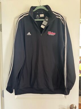 UMass Football Adidas Black 1/4 Zip Pullover with White Stripes